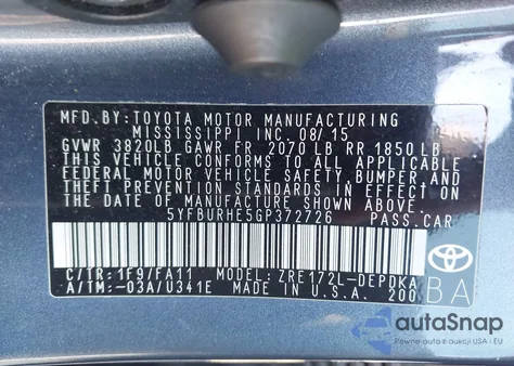 2016 Toyota Corolla L from USA, damaged, VIN 5YFBURHE5GP372726